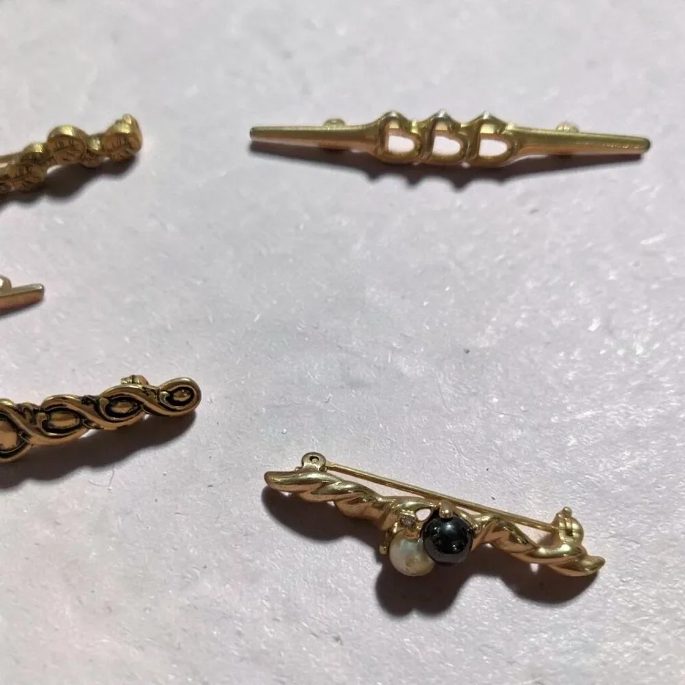 Vintage Gold Tone Bar Brooch Pin Lot of 6, Pearl Rhinestone Ornate Jewelry